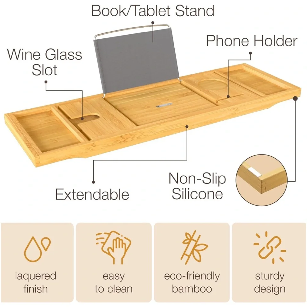 Bambüsi‎ Bathtub Tray Table Collapsible & Adjustable Bathtub Caddy Space-Saving